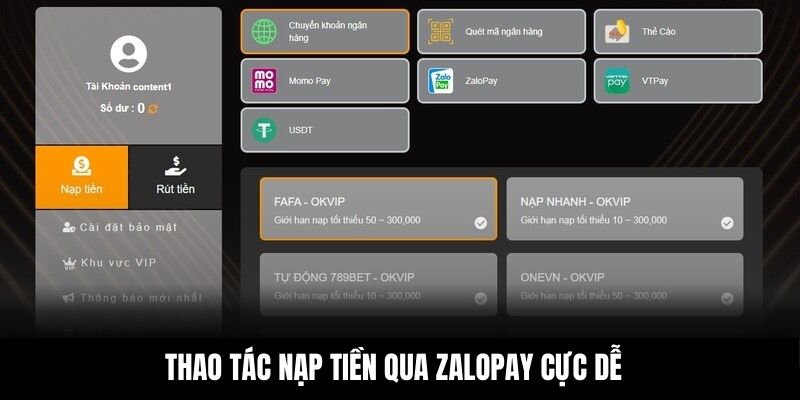 Thao tác nạp tiền qua ZaloPay cực dễ